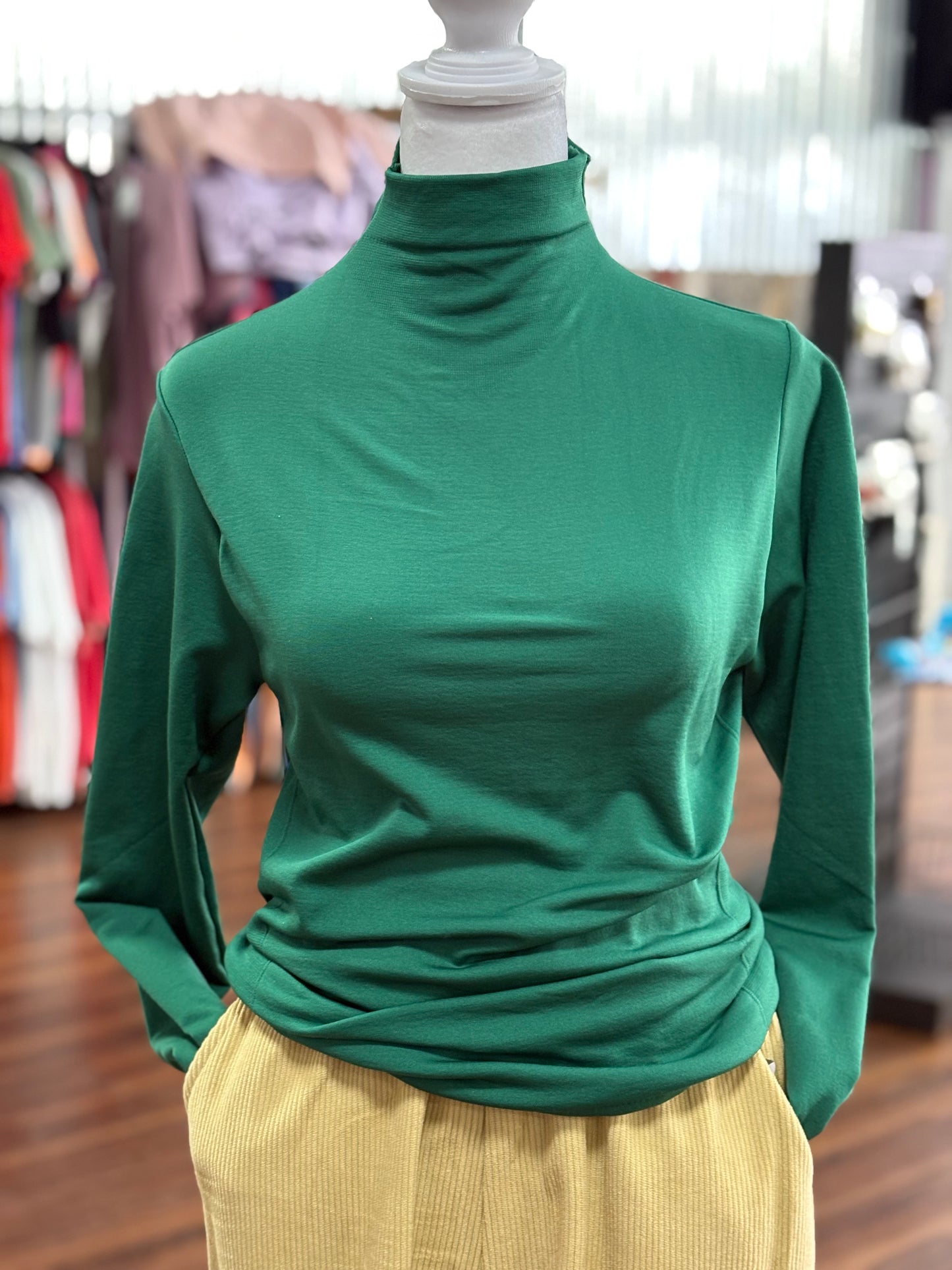 Green Fleece Lined Mock Neck Long Sleeve Top