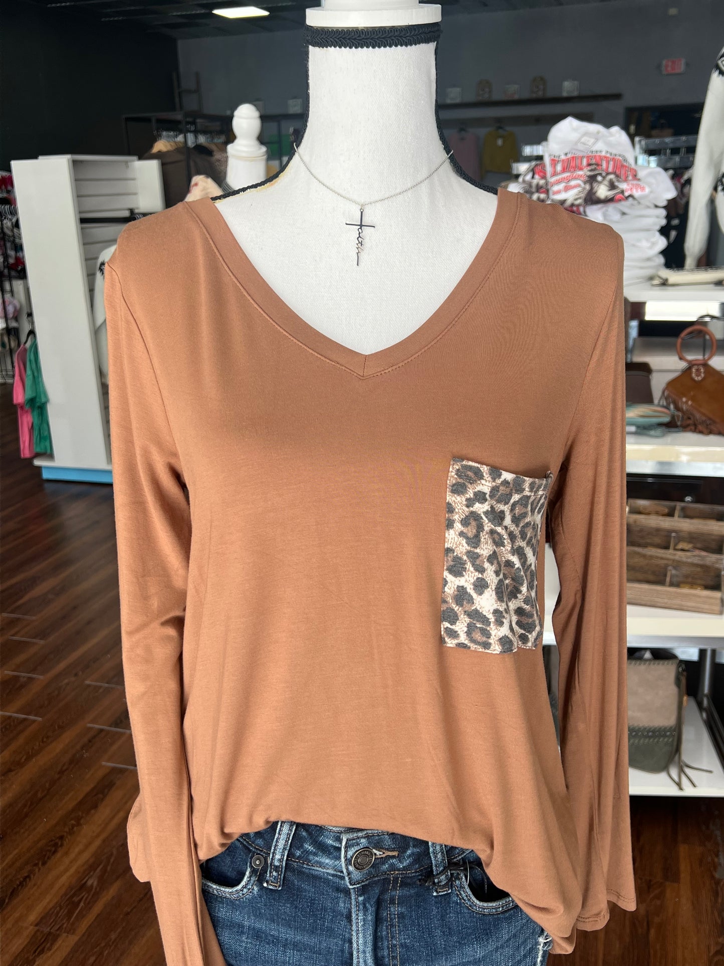 Brown Cheetah Pocket Long Sleeve
